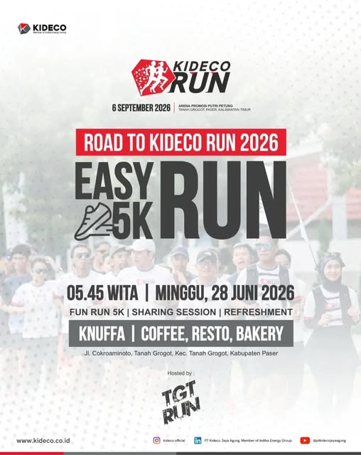 Road to Kideco Run 2026 dimulai. Sebelum bertemu di race day, mari kumpulkan kilometer pertama lewat Easy Run 5K. Registrasi melalui @tgtrun. Minggu, 28 Juni 2026 • 05.45 WITA • Knuffa.