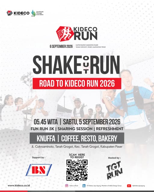 Let's shake it out together! Shake Out Run road to @kideco.official 2026. 5K Fun Run • Sabtu, 5 September 2026 • 05.45 WITA • Start & Finish @knuffacafe Tanah Grogot.